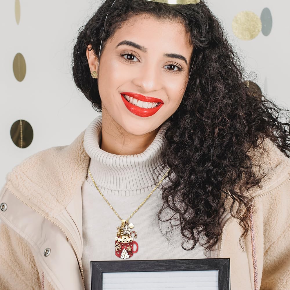 Madison Tyler Mug Christmas Pendant Necklace Set for Women | Statement Christmas Candy Cane Gingerbread Pearl Acrylic Glass | Gold Snowflake Earrings | Xmas Holiday Necklaces