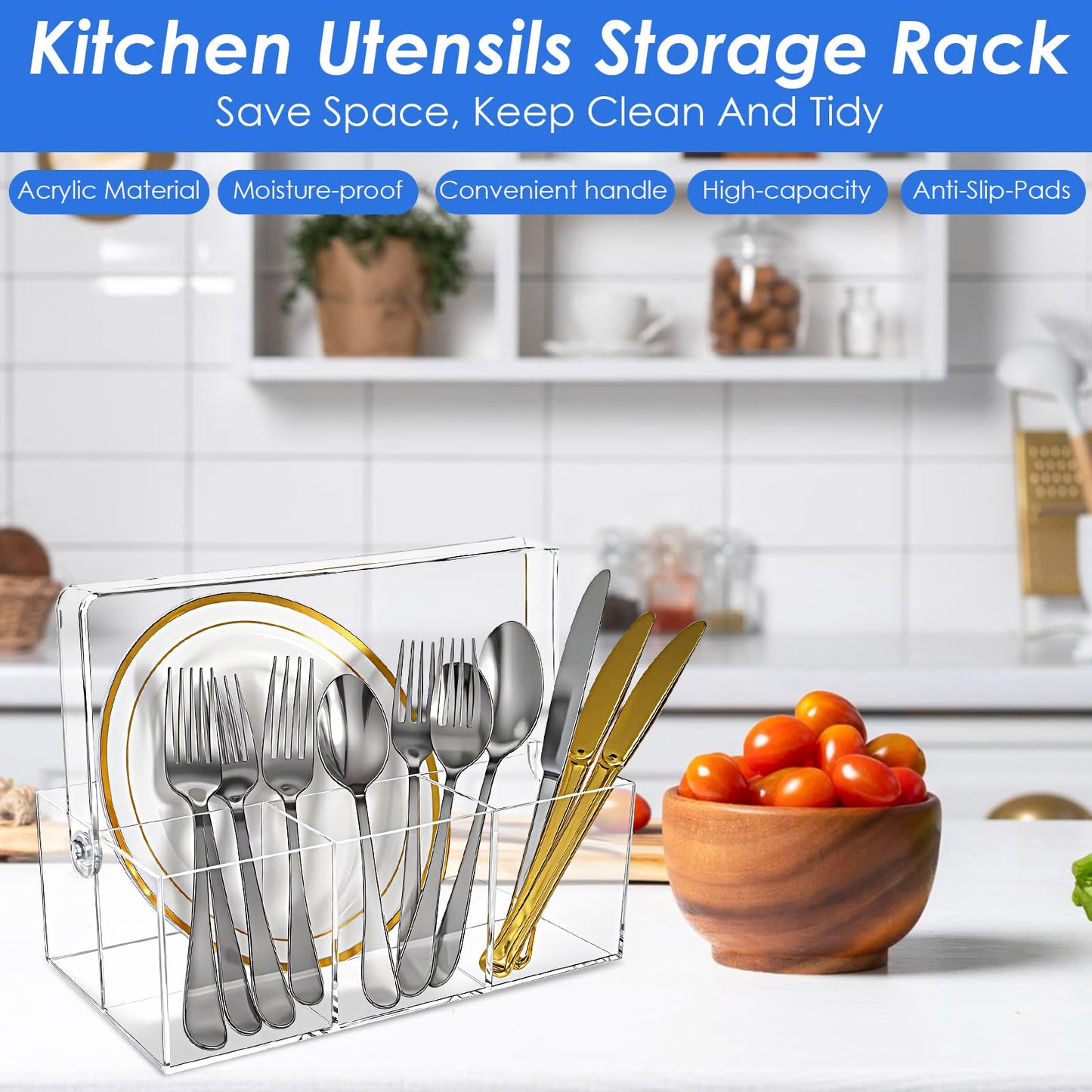 2 Pack Silverware Organizer, Paper Plate Holders, Cutlery and Flatware Caddy for Countertop, Table, Buffet, and Picnic - Acrylic Party Utensil Holder for Knives, Forks, Spoons, Plates, Napkins