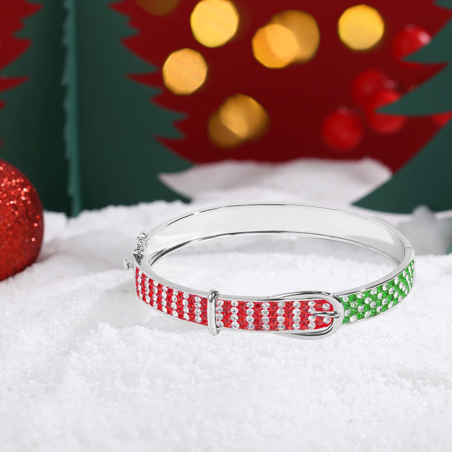 MUYUU Christmas Bangle Bracelet, Silver Plated Red and Green Bracelet, Sparkly Crystal Bracelet For Women Fashion Jewelry