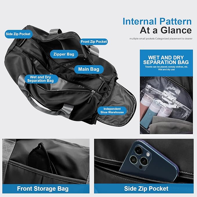 ZGWJ Sports Gym Bag with Wet Pocket & Shoes Compartment, Waterproof Shoulder Weekender Bag for Women and Men Swim Sports Travel Gym Bag Lightweight and easy Carry on Black