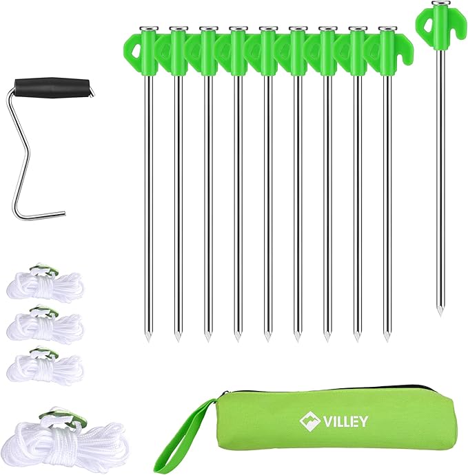 VILLEY 10" Tent Stakes Heavy Duty Galvanized Camping Stakes Accessories, with Storage Bag