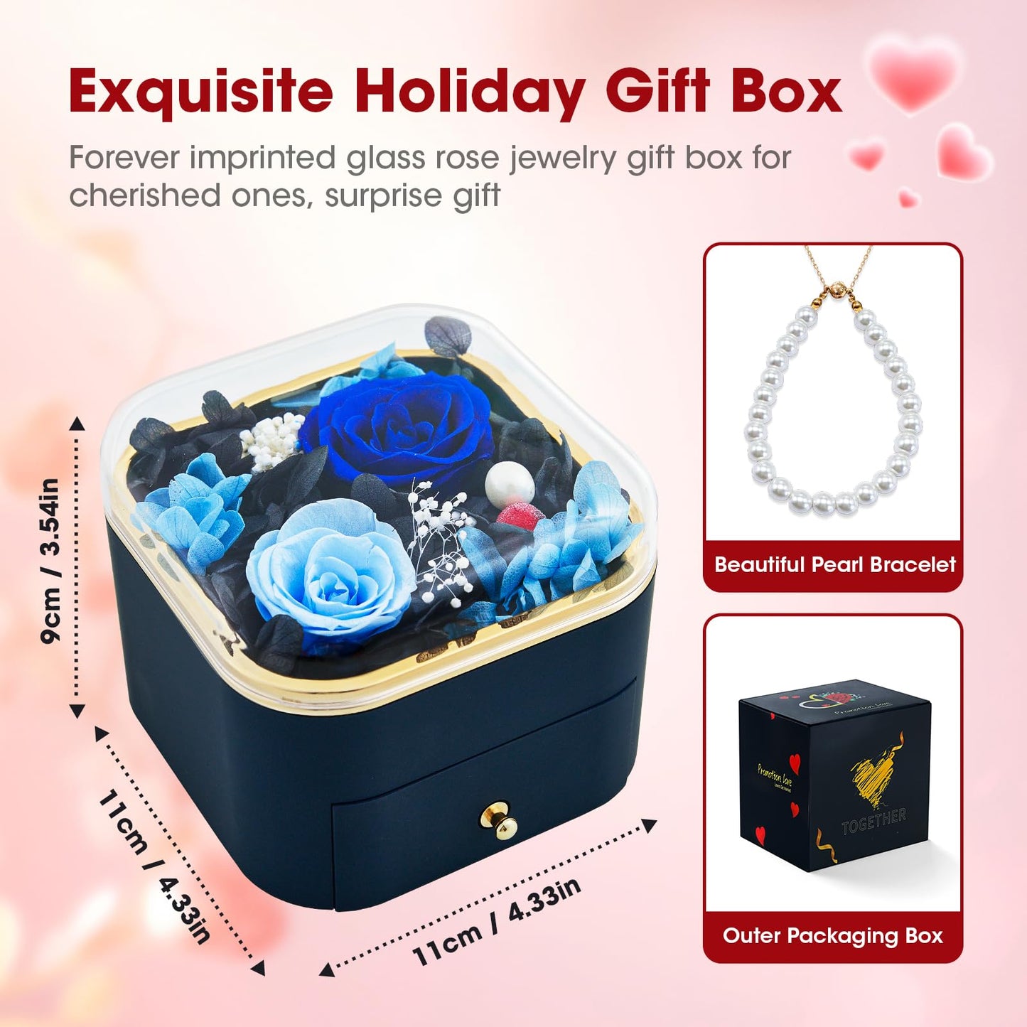 INYPTROPIC Preserved Real Rose with Pearl Bracelets Forever Flowers Jewelry Box for Mom Wife Girlfriend Grandma on Mothers Day Birthday Valentines Christmas Anniversary Beatiful Gifts for Women