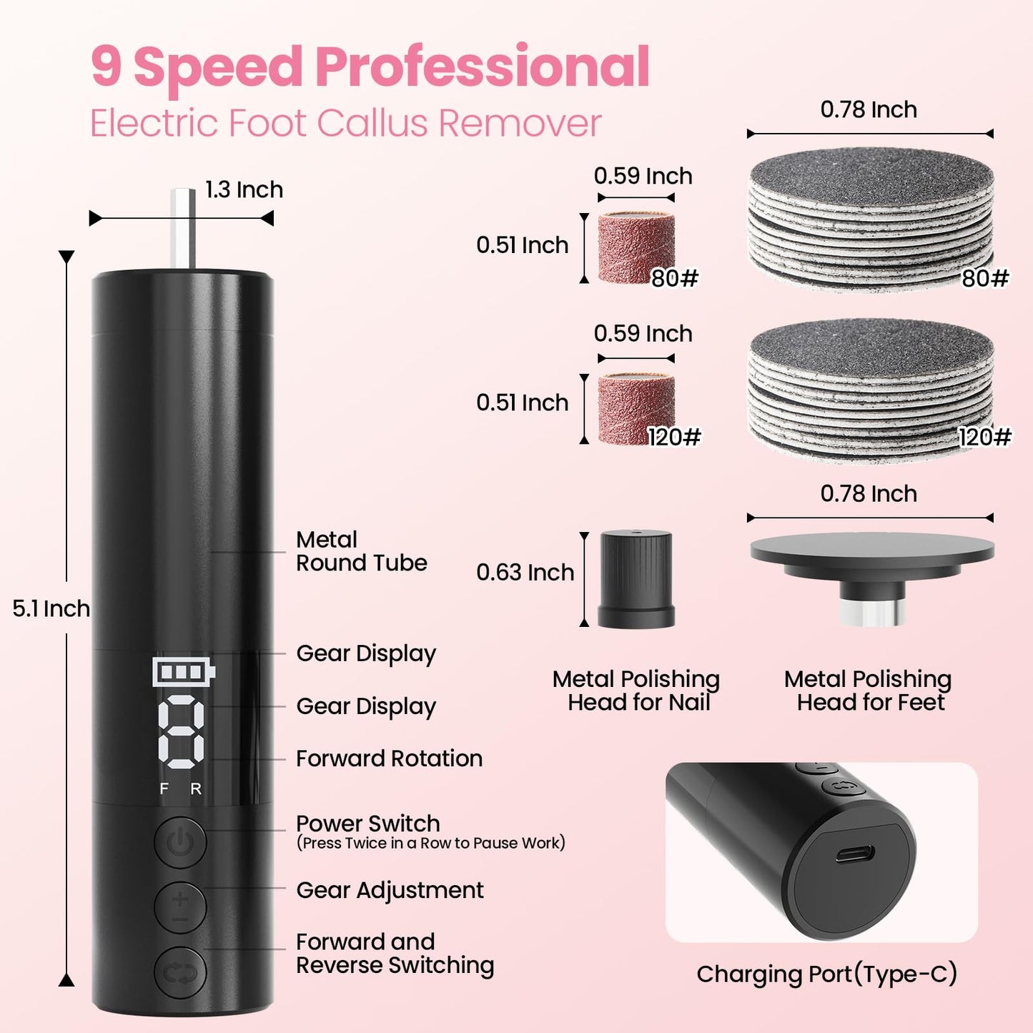 Electric Callus Remover for Feet, Rechargeable Professional Electronic Foot File Nail Grinder,9 Adjustable Speed Foot Sander Scrubber Pedicure Tool for Dry Dead Skin with Sandpaper Discs (Black)