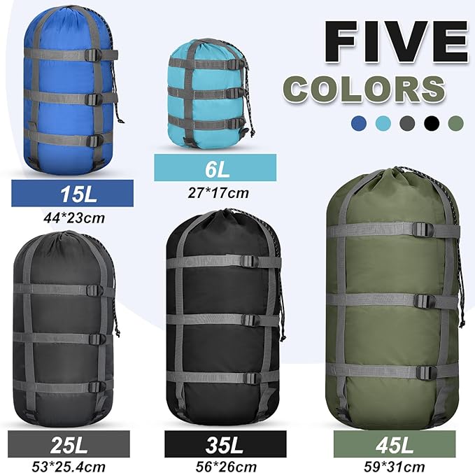 5 Pack Compression Stuff Sack 5 Assorted Size Sleeping Bag Stuff Sack Ultralight Sleeping Bag Cover Space Saving Gear for Travel Outdoor Camping Hiking Backpacking