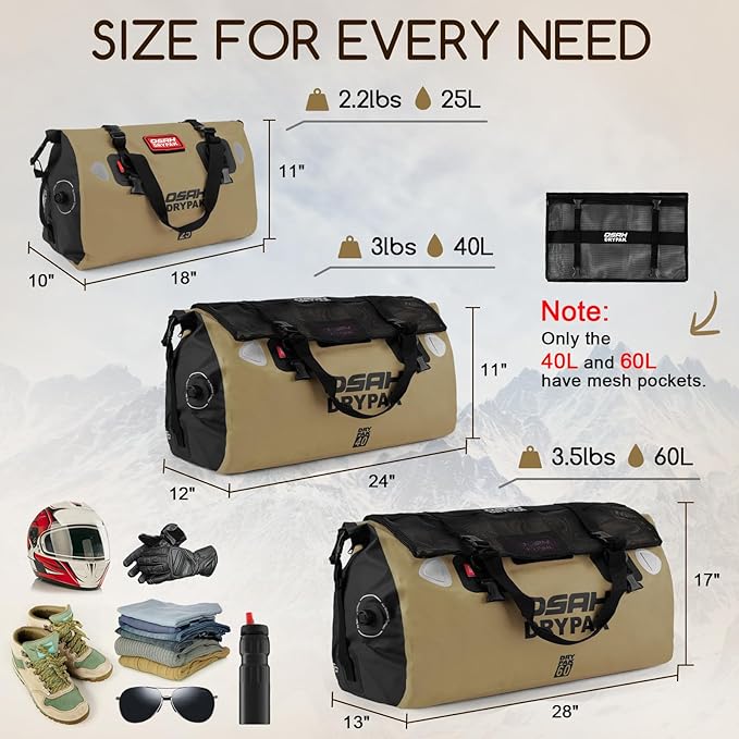 Waterproof Duffel Bag - Motorcycle Dry Bag Tail Bag with Large Storage Space, Waterproof Luggage Duffle Bags with Outer Mesh Zipper Pocket for Camping, Kayaking, Fishing & Traveling