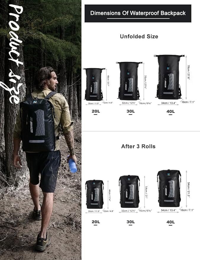 IDRYBAG Waterproof Backpack for Men 20L/30L/40L, Floating Dry Bag Kayak, Dry Backpack Hiking