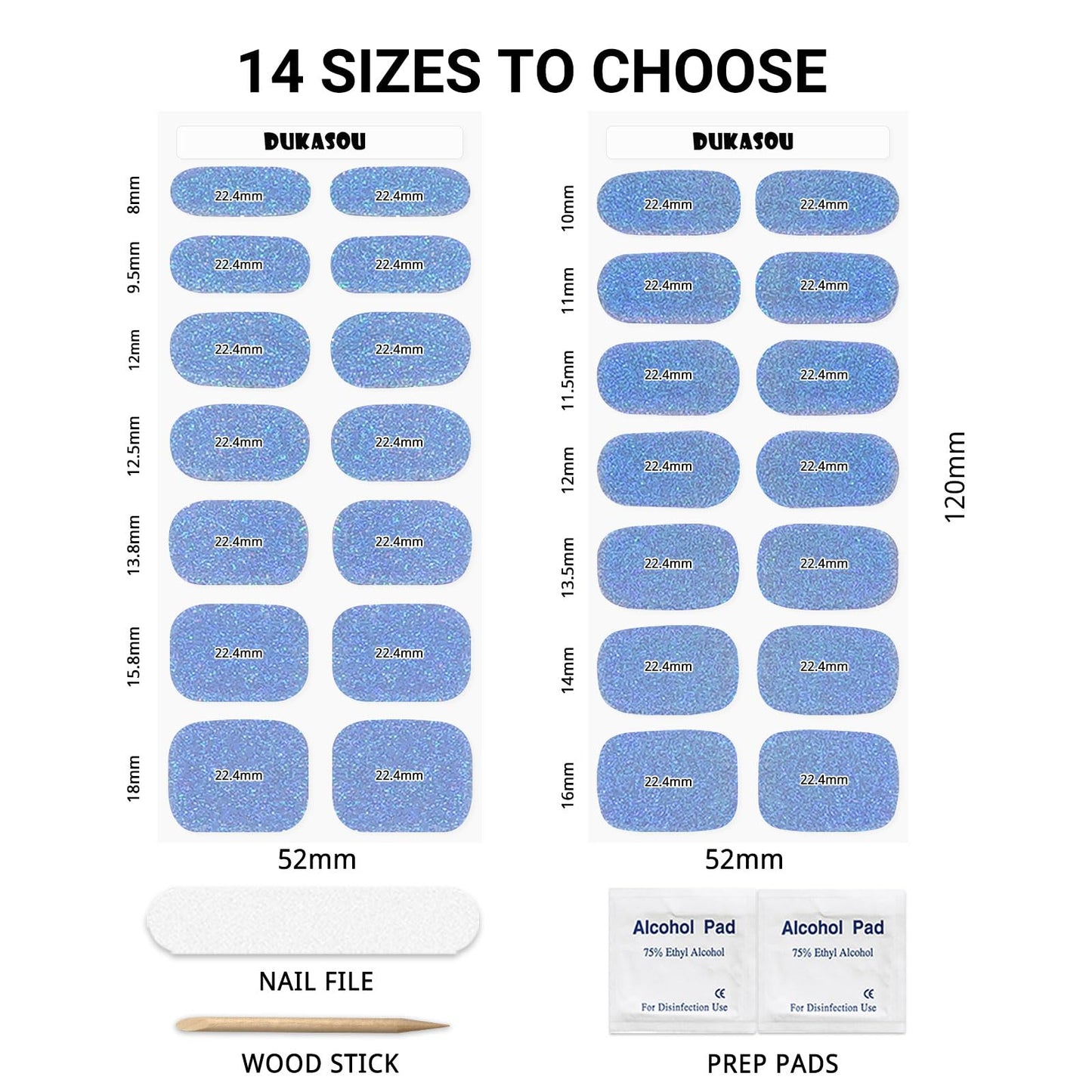 DUKASOU Semi Cured Gel Nail Strips, Blue Fine Flash | 28pcs Gel Nail Strips Work with Any uv lamp,Gel Nail Stickers for Women Girls, Includes Prep Pads, Nail File & Wood Stick