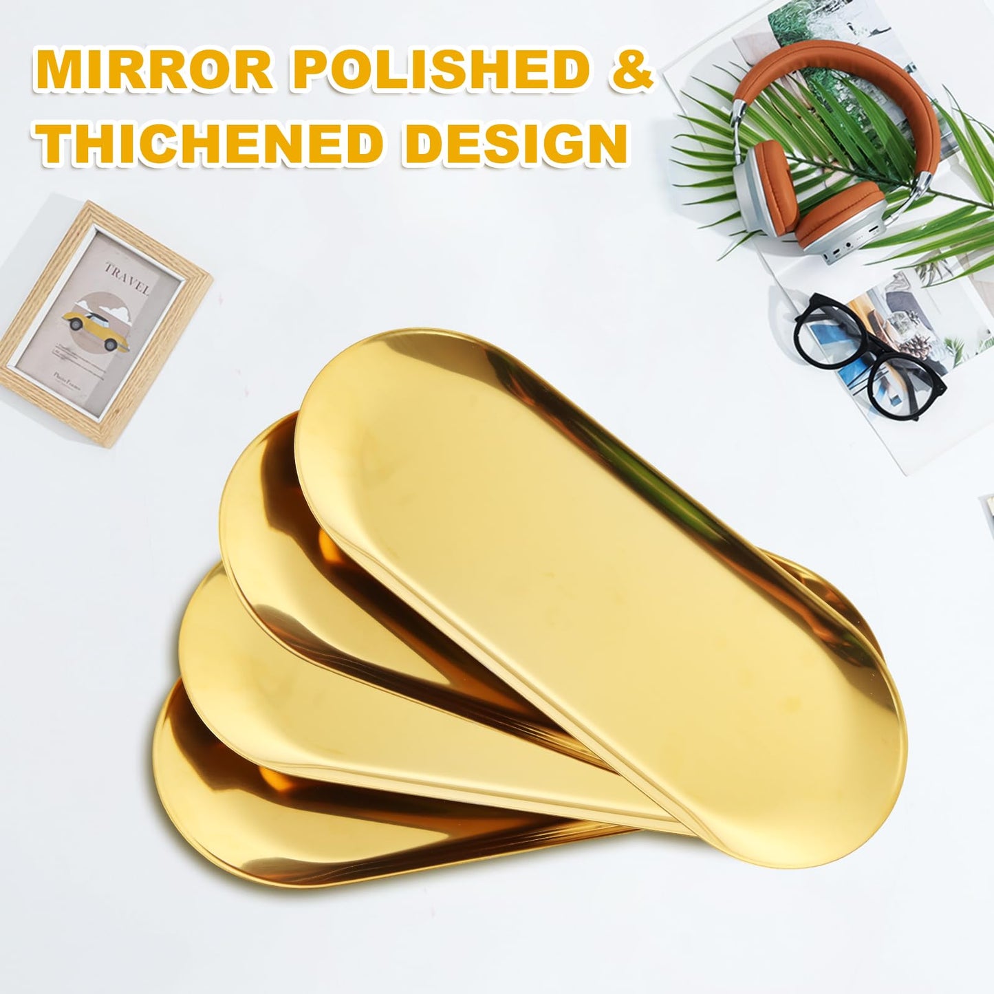 AKOLAFE 4PCS Stainless Steel Serving Tray Set Gold Platters for Serving Food Party Large Metal Trays Decorative 12" Long Plate Oval Storage Trays Thickened Serving Dishes for Entertaining Sushi Snack