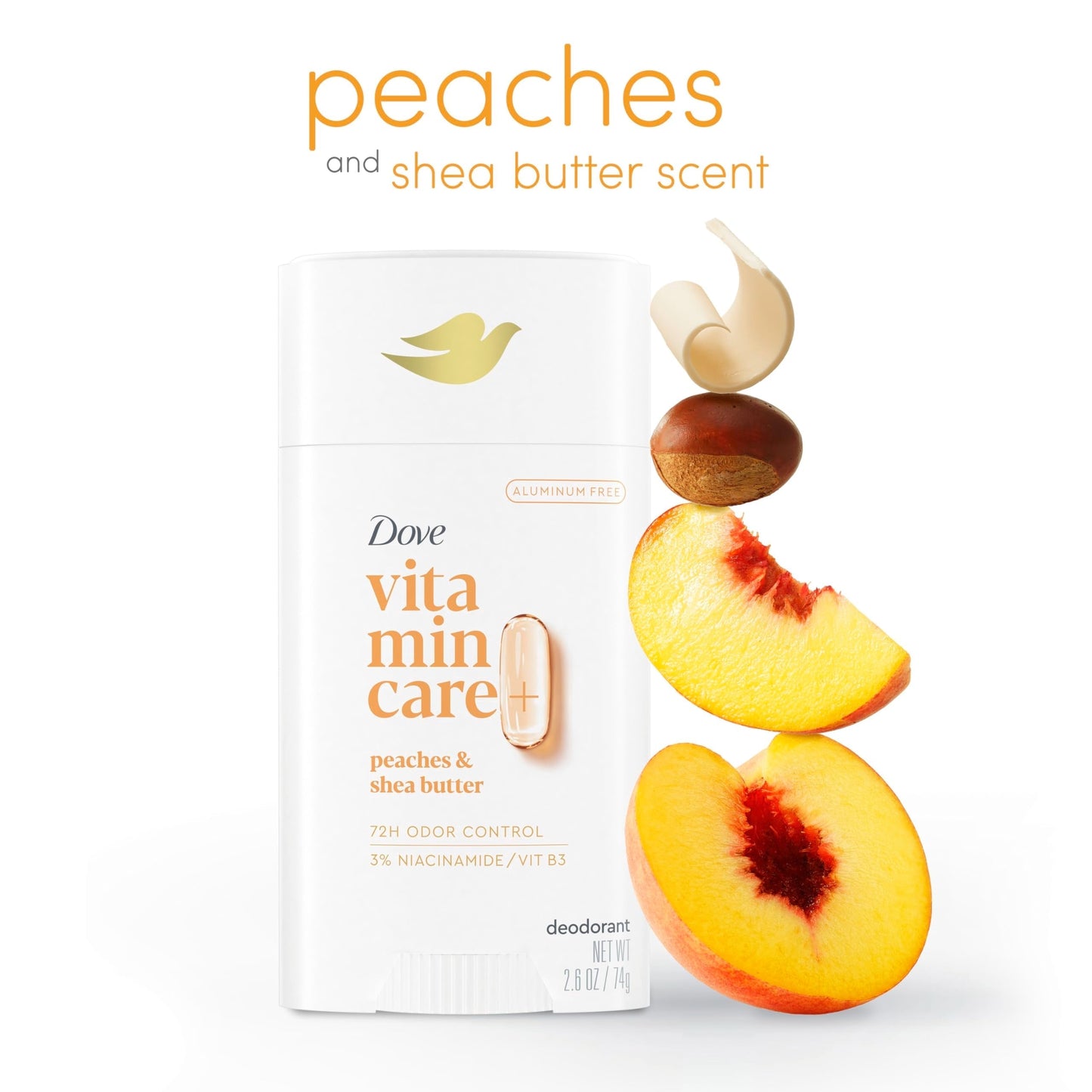 Dove VitaminCare+ Aluminum Free Deodorant Stick for 72H Odor Protection Peaches & Shea Butter Breathable Deodorant for Women 2.6 oz