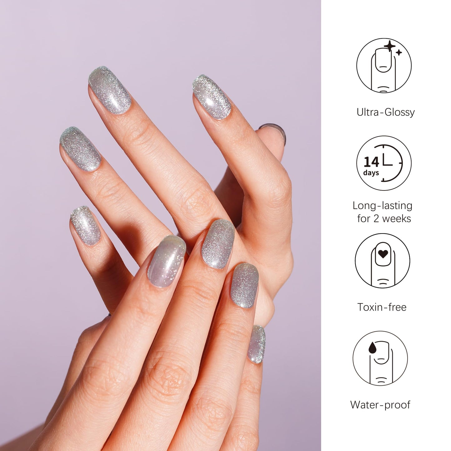 DANNI & TONI Semi Cured Gel Nail Strips Grayish Purple (Lakeside Shimmer) Magnetic Cat Eye Gel Nail Wraps 28 Stickers