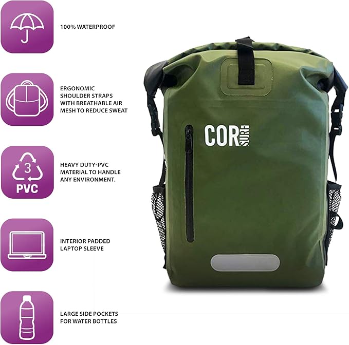Waterproof Backpack with Laptop Sleeve | Heavy Duty Hiking, Kayak Dry Bag Backpack | Roll-Top Closure (25L, Green)