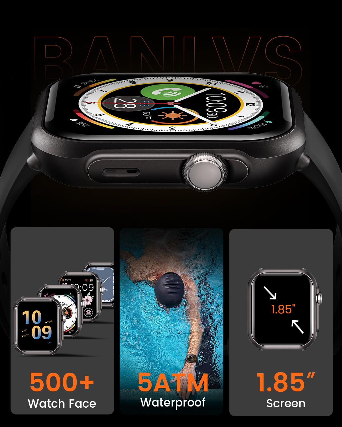 Smart Watch for Men for iPhone Android : 1.85" Smart Watch with 30 Days+1000 mAh Battery Life Make/Recive Call Heart Rate SpO2 Sleep Monitor 120+ Sport 5ATM Fitness Tracker Watch Pedometer Reloj Black