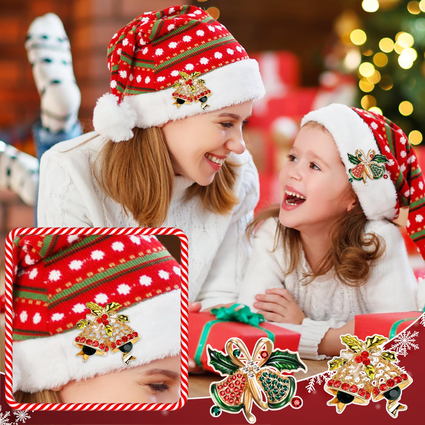 12 Pcs Christmas Brooch Pins Set for Women - Rhinestone Crystal Christmas Tree Wreath Snowman Reindeer Ornament Jewelry Pins Gift (Style-1)