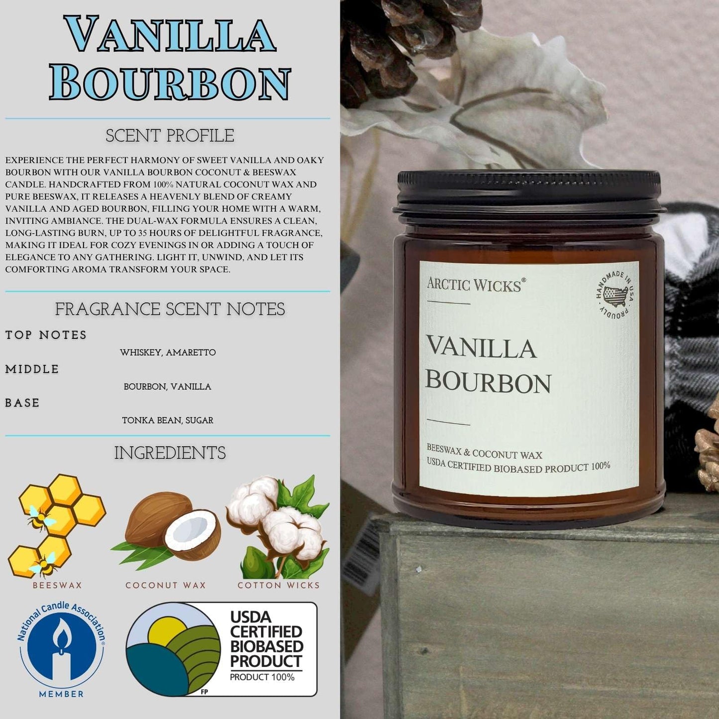 Vanilla Bourbon Candle | Arctic Wicks 9oz Coconut & Beeswax Candles | Scented Non-Toxic Candles for Fall, Winter, Holidays, Gifts For Him, Whiskey Bourbon, Vanilla Candle | USDA Certified Biobased