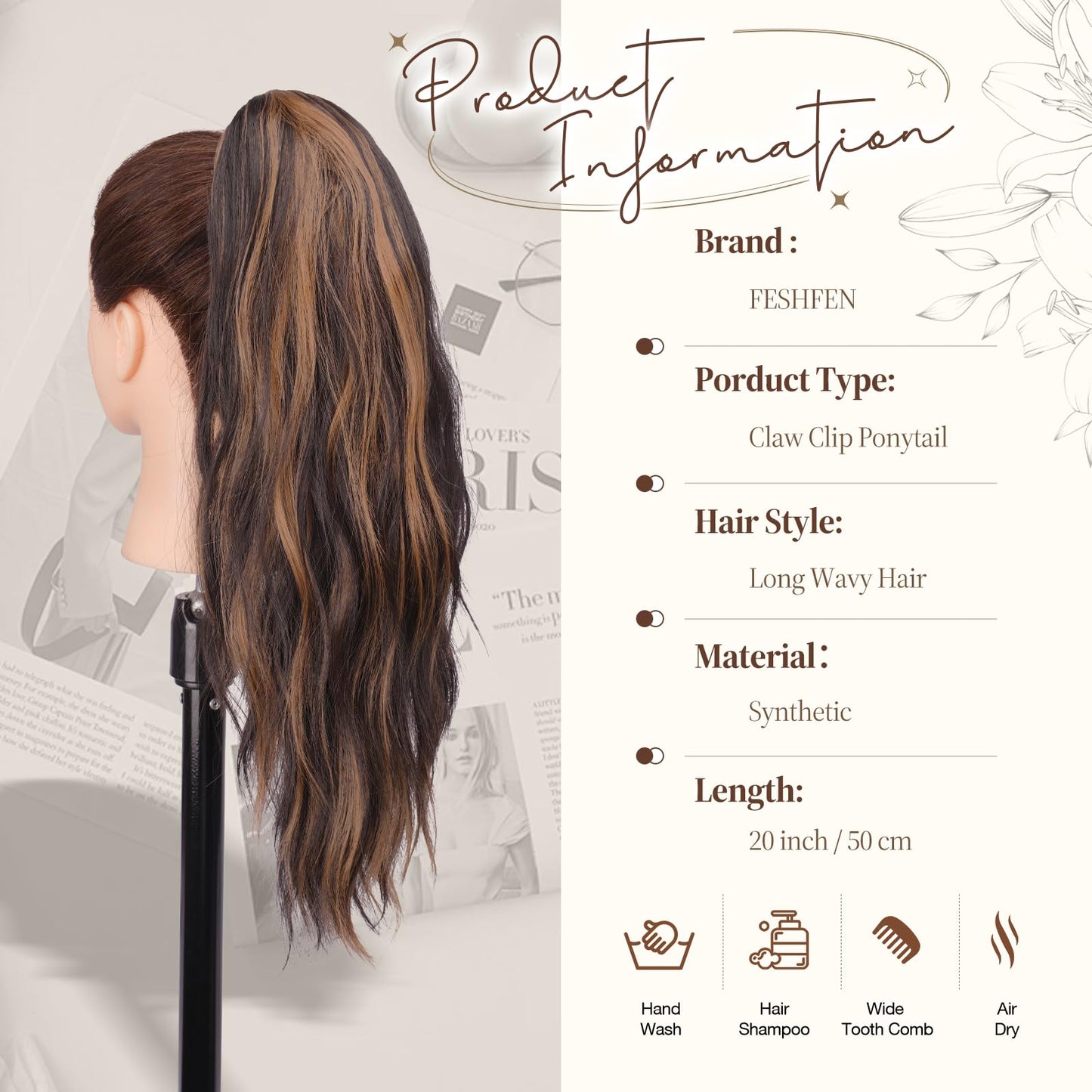 FESHFEN Ponytail Extensions, 20 inch Long Claw Clip in Ponytail Hairpiece Synthetic Pony Tails Hair Piece Natural Wavy Hairpieces for Women, Dark Brown & Caramel Blonde