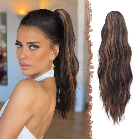 FESHFEN Ponytail Extensions, 20 inch Long Claw Clip in Ponytail Hairpiece Synthetic Pony Tails Hair Piece Natural Wavy Hairpieces for Women, Dark Brown & Caramel Blonde
