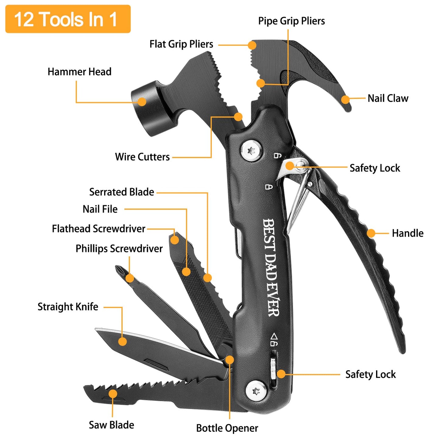 Custom Gifts For Men, Hammer Multi Tool 12 In 1, Camping Gear Survival Gadgets, Dad, Husband, Boyfriend, Grandpa, Grandson, Uncle, Brother, Groomsman, Anniversary Father's Day Birthday Valentines Gift