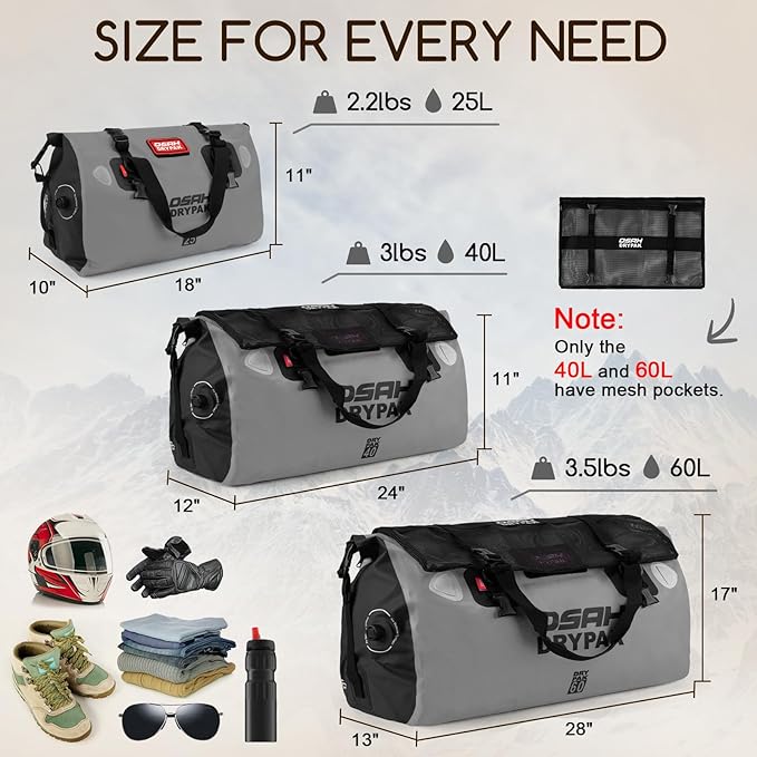 Waterproof Duffel Bag - Motorcycle Dry Bag Tail Bag with Large Storage Space, Waterproof Luggage Duffle Bags with Outer Mesh Zipper Pocket for Camping, Kayaking, Fishing & Traveling