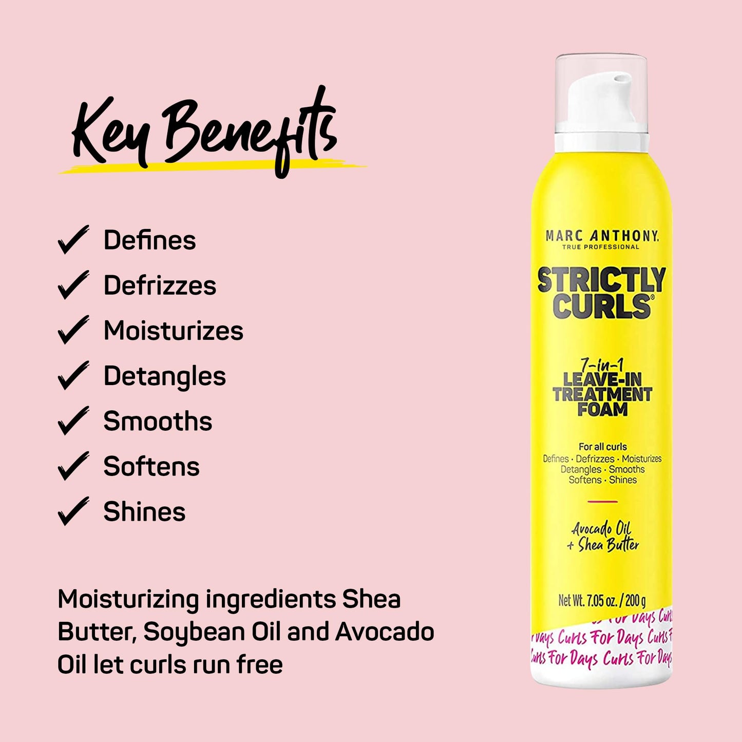 Marc Anthony Leave In Hair Treatment, Strictly Curls - 7-In-1 Treatment Foam for Curly Hair Defines, Defrizzes, Moisturizes, Detangles, Softens & Shines with Avocado Oil & Shea Butter - 7.1 Ounce