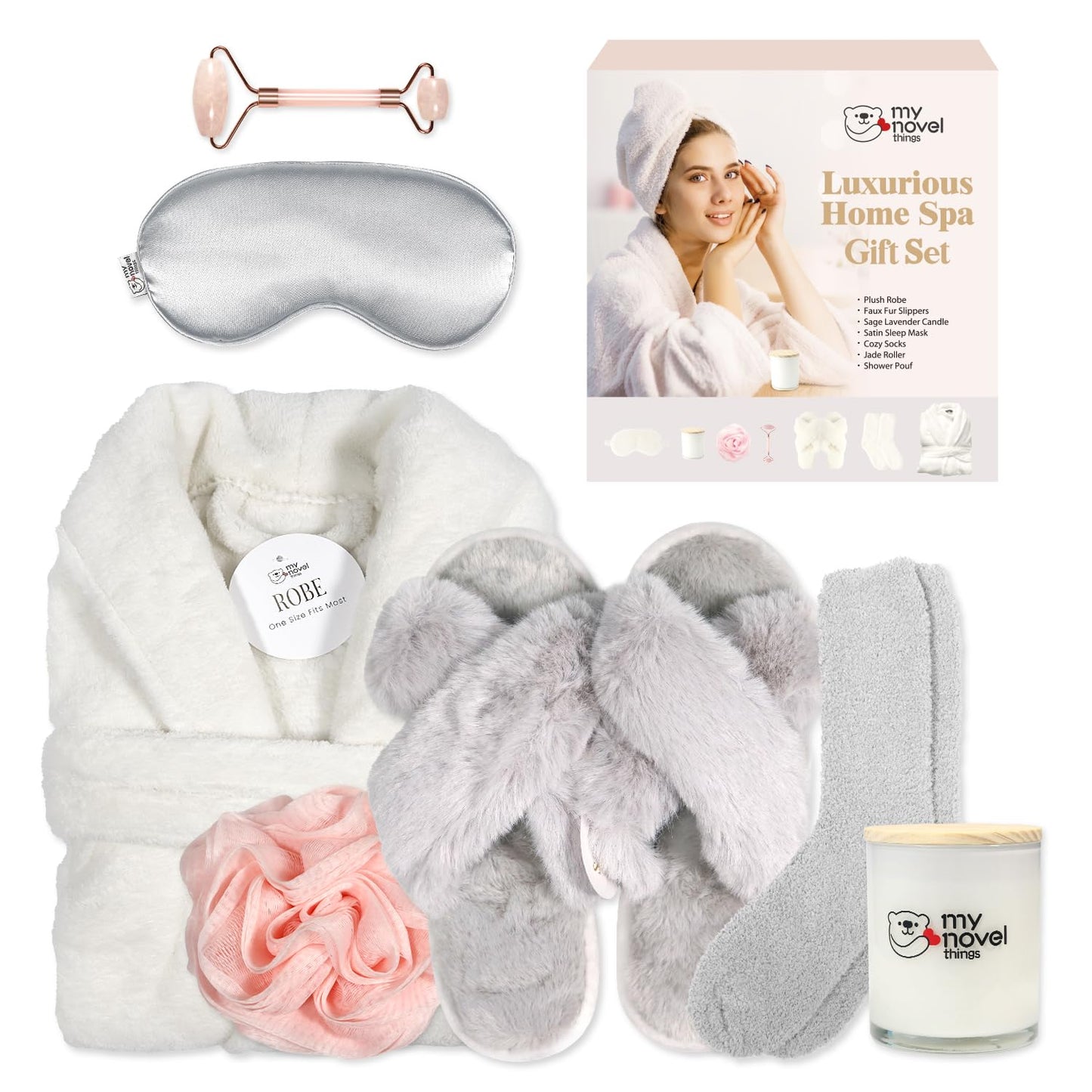 my novel things Birthday Gifts for Women,Spa Robe and Slippers Set, Bathrobe With Silky Satin Sleep Mask, Scented Candle Self Care 7 Pack Suitable for Christmas Thanksgiven Day Grey