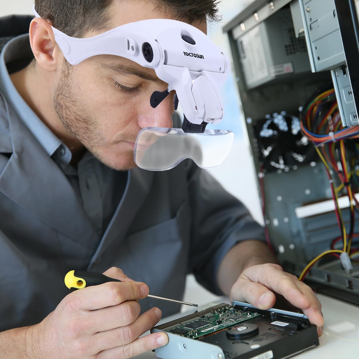 YOCTOSUN LED Head Magnifier, Rechargeable Hands Free Headband Magnifying Glasses with 2 Led, Professional Jeweler's Loupe Light Bracket and Headband are Interchangeable