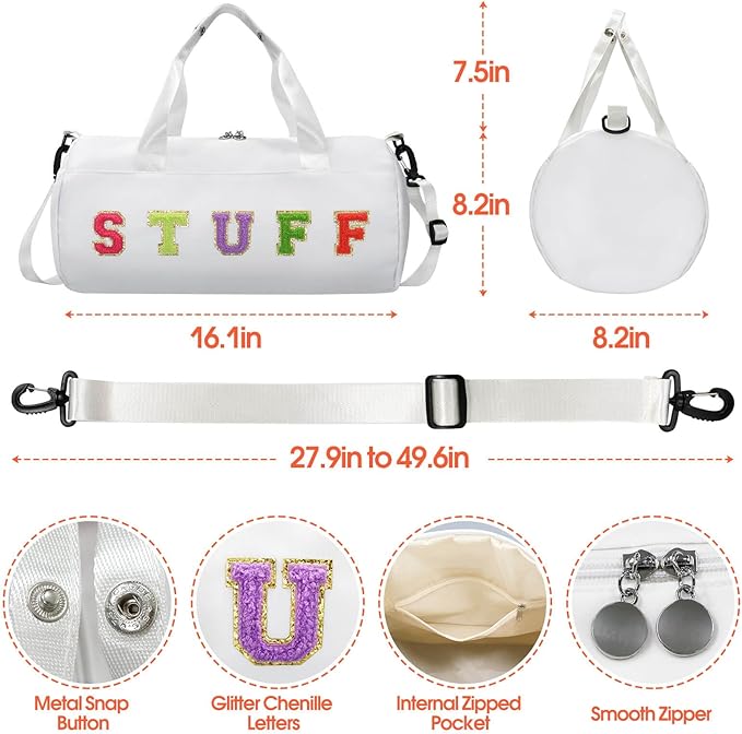 Chenille Letter Stuff Tote Bag 16 Inch, Small Gym Duffle Bag for Travel Dance Sports Workout Camping, Carry On Cheer Ballet Overnight Weekender Bags Birthday Christmas Gifts for Girls Kids Teens Women