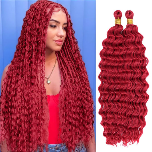 EERYA Long Curly Braiding Hair 18 Inch 2 Packs Red Ocean Wave for Black Women Deep Wave Braiding Hair for Boho Braids (18 inch, Red)