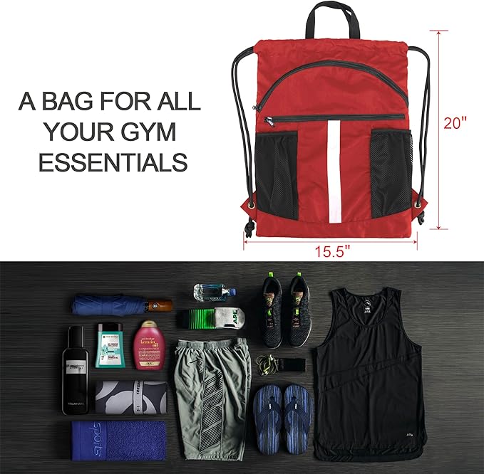 BeeGreen Drawstring Backpack Bag with Shoe Compartment, X-Large Black Gym Sports String Cinch Backpack