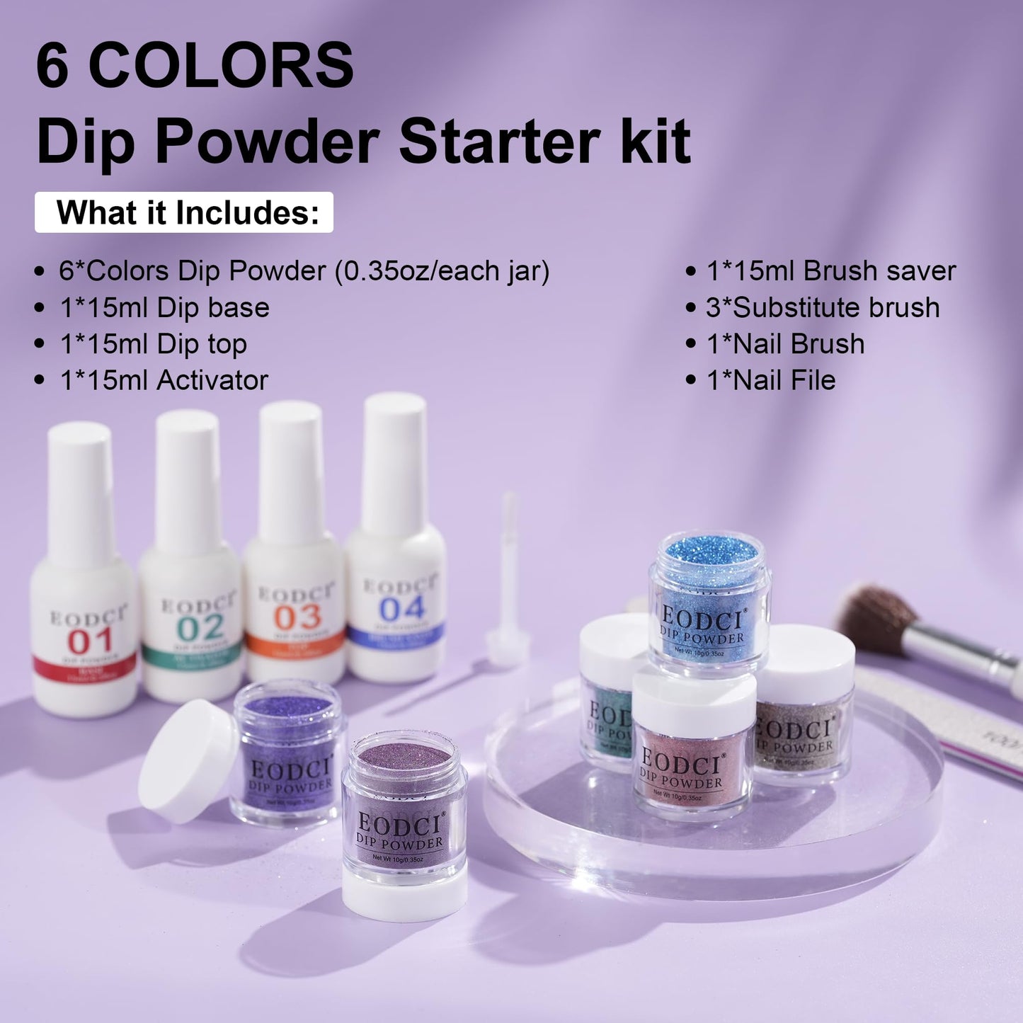 Eodci 12 Pcs Dip Powder Nail Kit Starter, 6 Colors Glitter Blue Starry Green Sparkle Purple Dipping Powder Kit with Base & Top Coat, Nail Art Dip Manicure Kits for Women