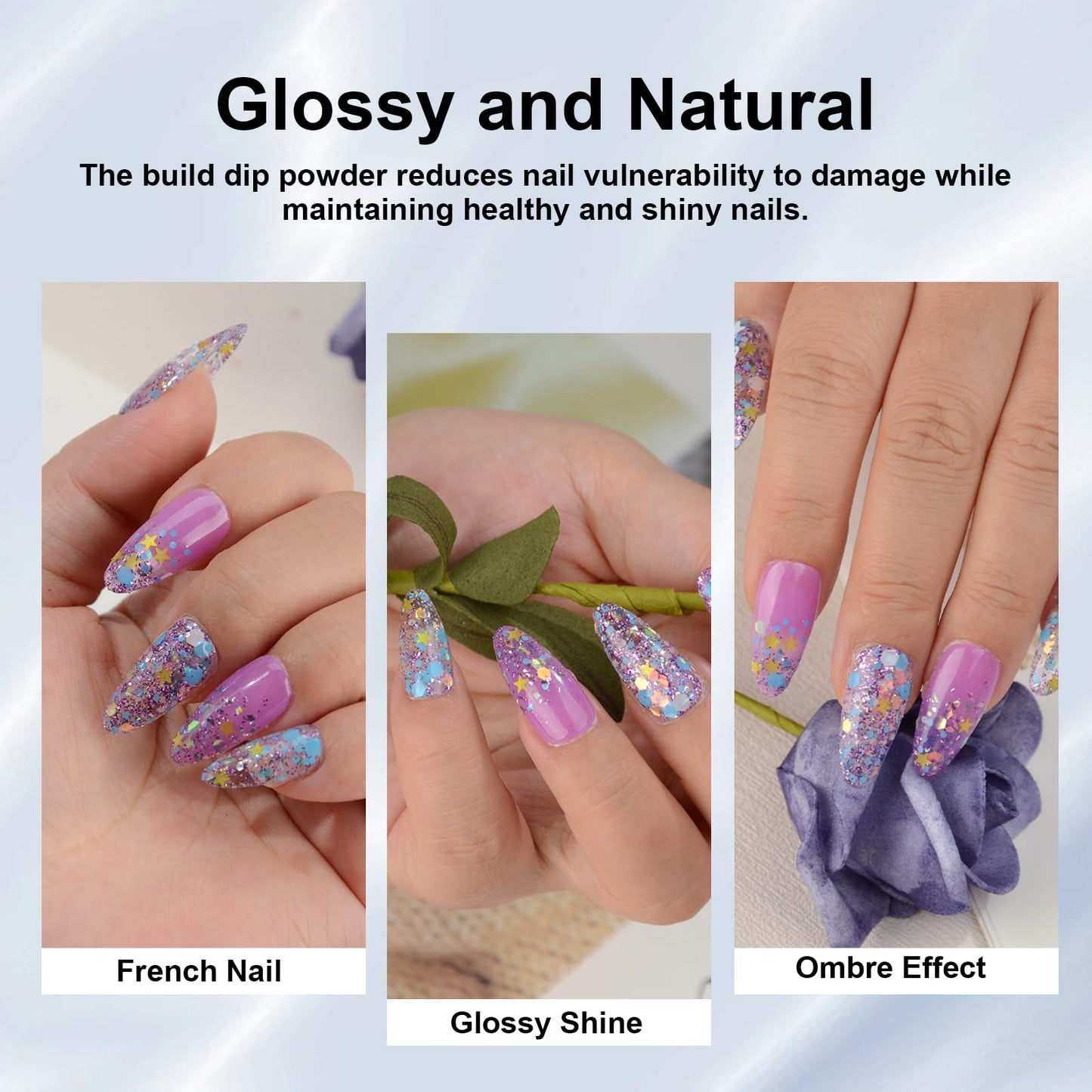 EODCI Long Lasting Nail Dip Powder Colors, Lavender Purple Blue Glitter Dipping Powder - No Needed Led Lamp - Art Starter Manicure Beginner DIY Salon Home Gift 1oz