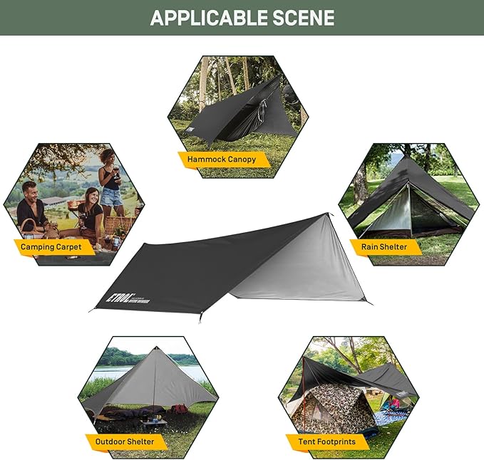 Waterproof Camping Tarp - 5 in 1 Multifunctional Hammock Tarp, UV Protection and PU 3000mm Waterproof Rain Fly for Tent, Backpack, Survival, Footprints, Beach - Lightweight Ripstop Compact