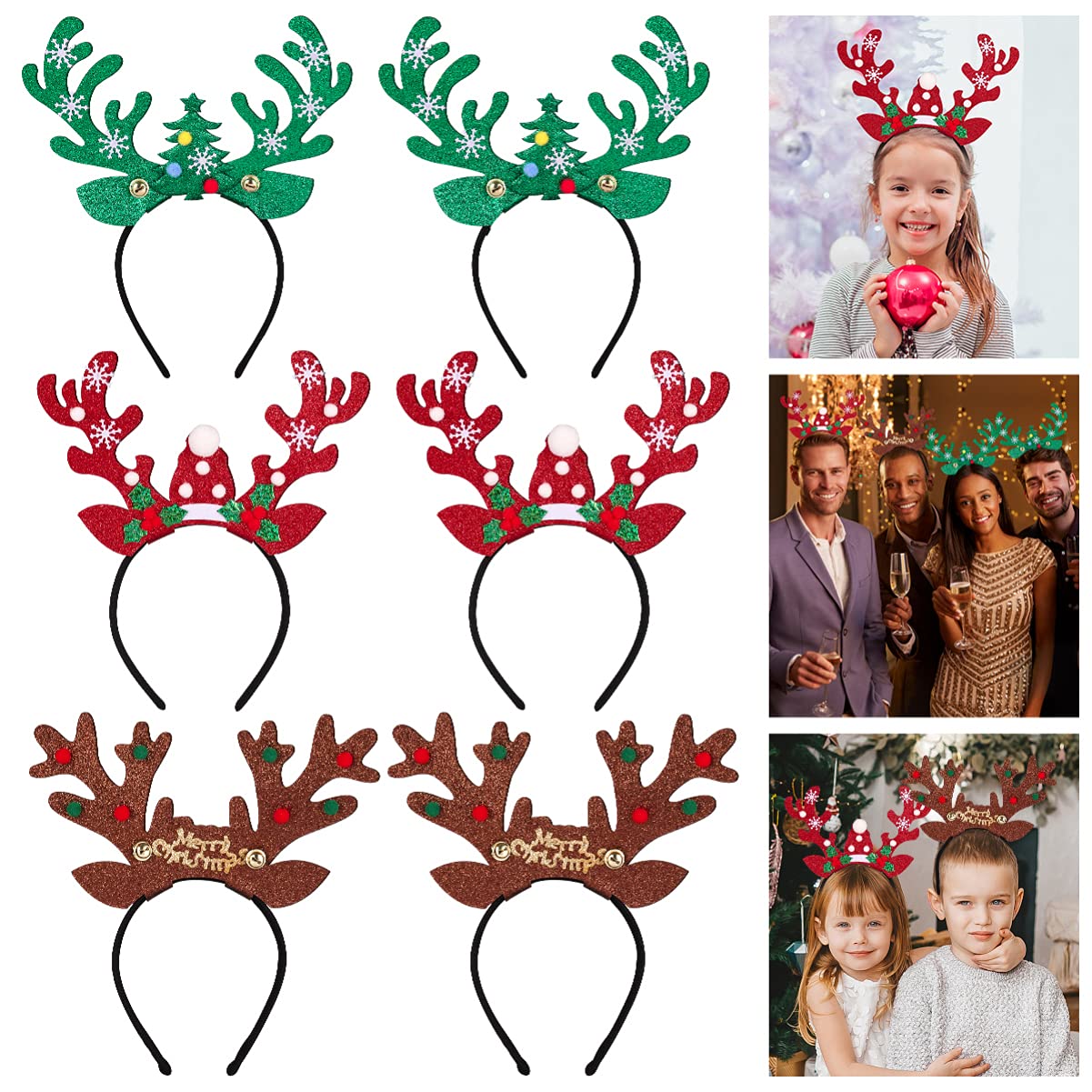 FRCOLOR 6 Pieces Christmas Reindeer Antlers Headbands Reindeer Antler Hair Hoop Headpiece for Christmas Party Holiday Favors