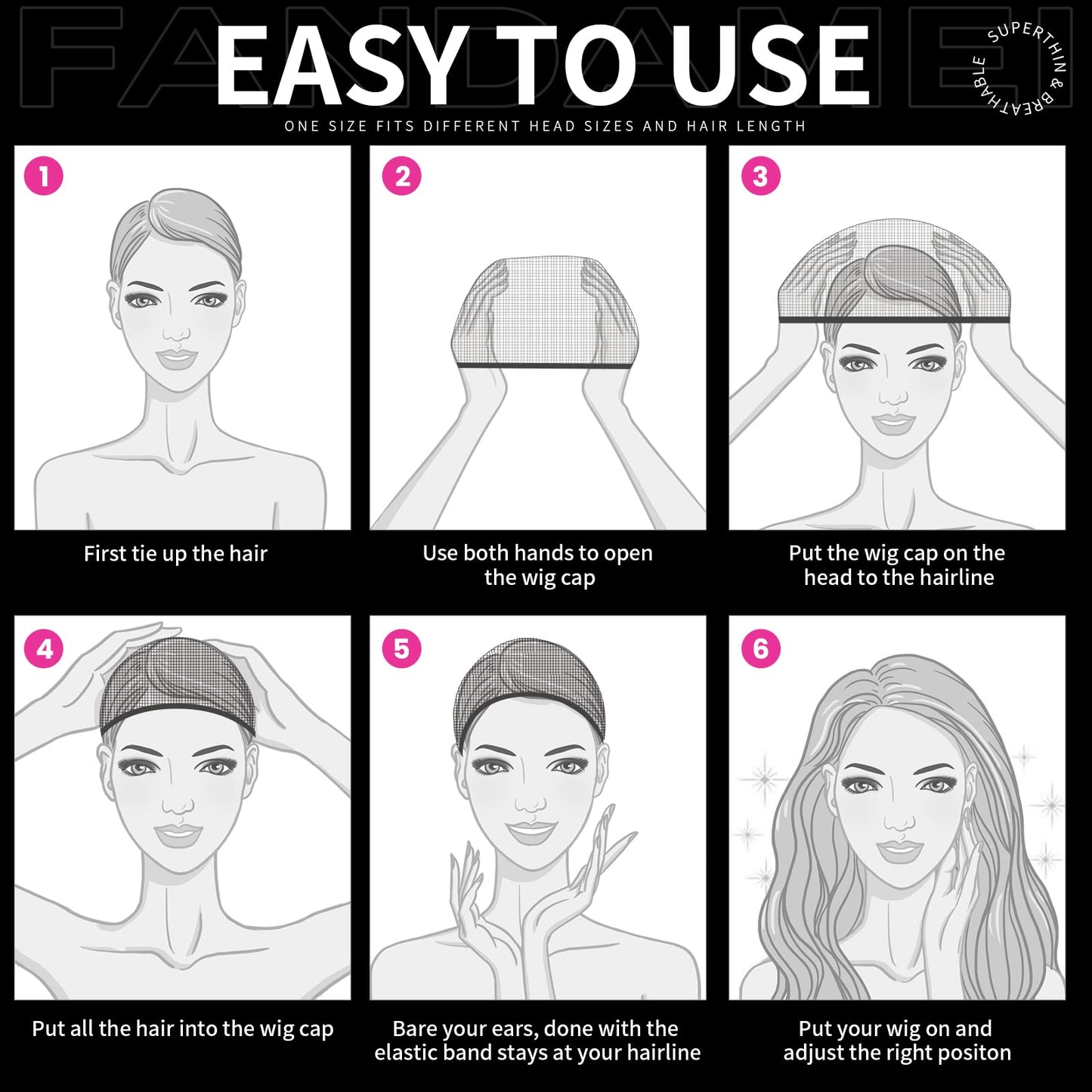 Fandamei HD Wig Caps Super Thin, 4PCS Ultra Thin Wig Caps Black, Nylon Wig Cap for Women Stretchy, Natural Transparent HD Wig Caps for Lace Front Wigs. Summer Wear Comfortable Wig Cap(Black)