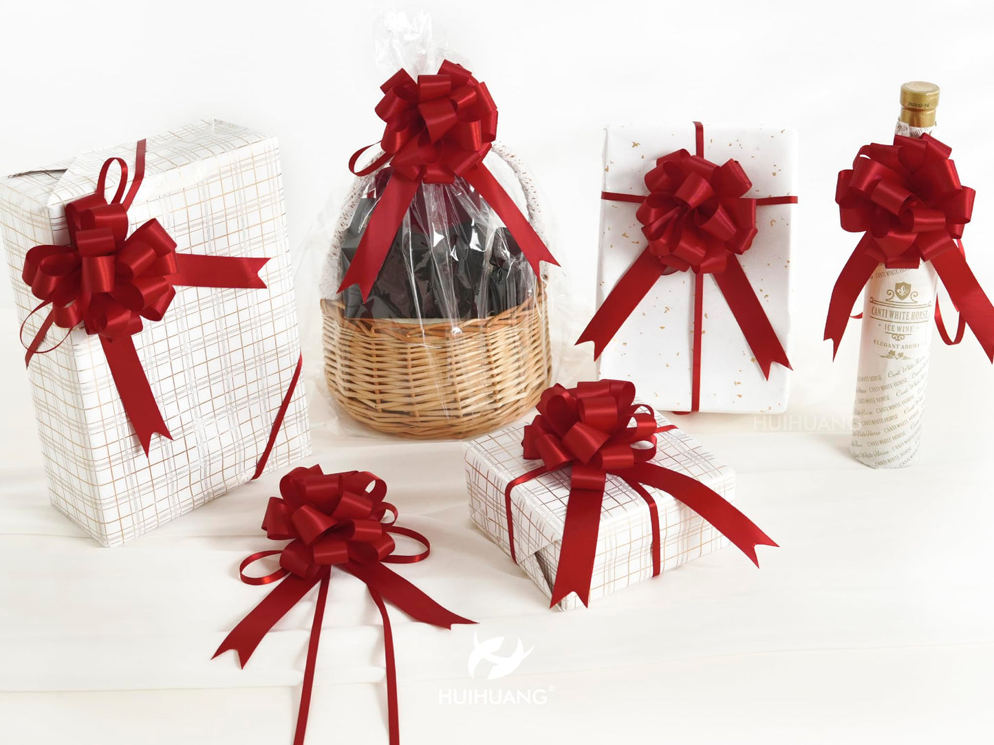 HUIHUANG Red Pull Bows for Gift Wrapping 4"x8" Red Christmas Bows 12 PCS Satin Gift Bow for Presents, Gift Basket, Paper Bag, Wrapping Accessories, Wreaths, Holiday Christmas Decor