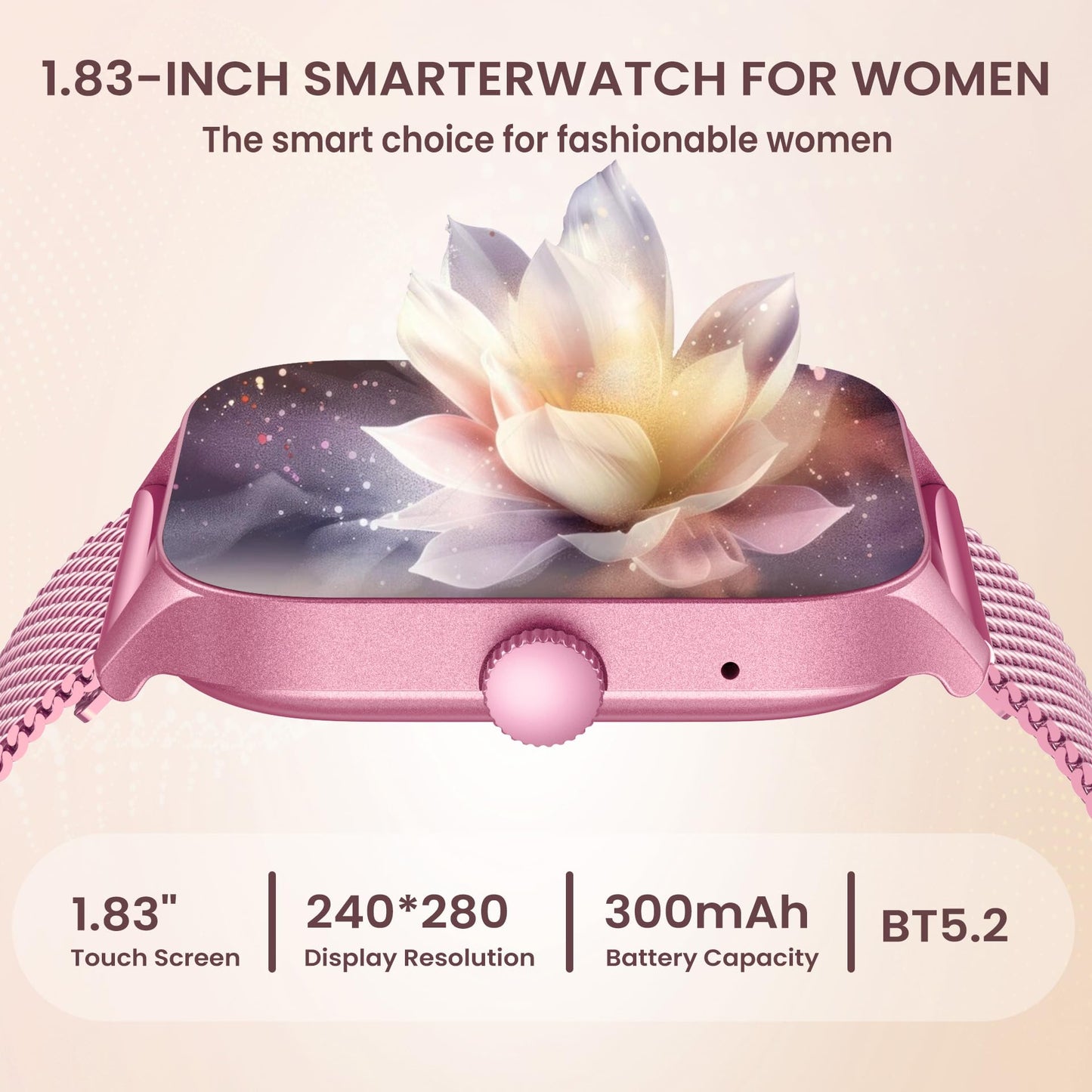 Smart Watches for Women Android iOS Phones: Pink Smartwatch for Women 1.83" Touchscreen with Answer/Make Call Waterproof Heart Rate Blood Pressure Sleep Sport Alarm Pedometer Calorie Fitness Tracker