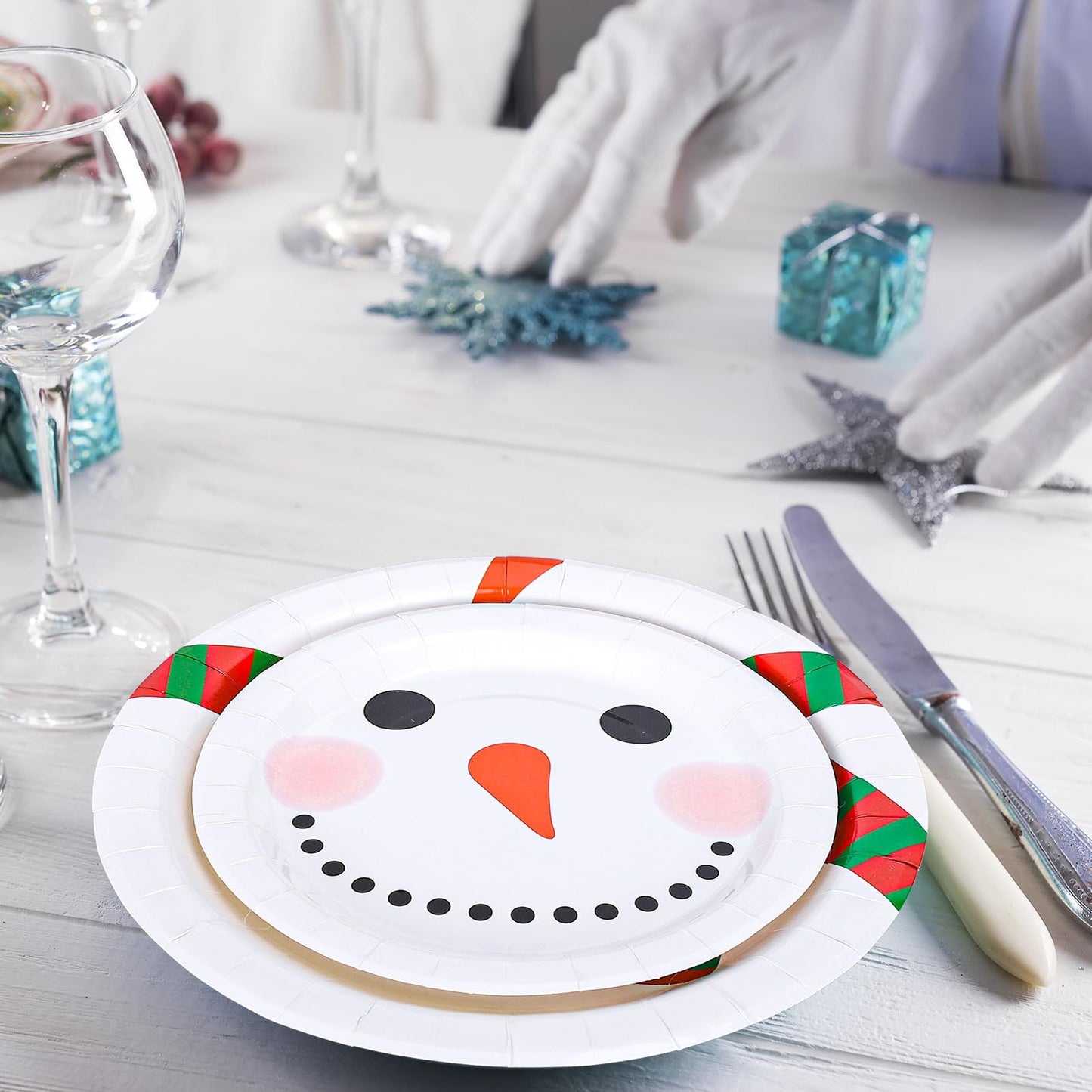 Whaline 175Pcs Christmas Party Tableware Set Winter Snowman Dinnerware Kit 7 and 9 Inch Paper Plates 6.5 Inch Disposable Napkins Cups Forks Spoons Knives for Xmas Holiday Dinner Supplies