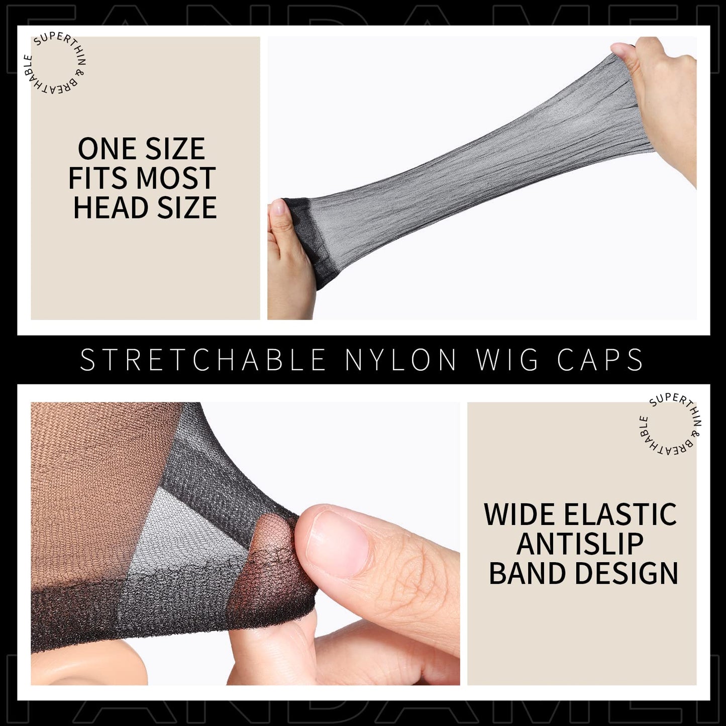 Fandamei HD Wig Caps Super Thin, 4PCS Ultra Thin Wig Caps Black, Nylon Wig Cap for Women Stretchy, Natural Transparent HD Wig Caps for Lace Front Wigs. Summer Wear Comfortable Wig Cap(Black)