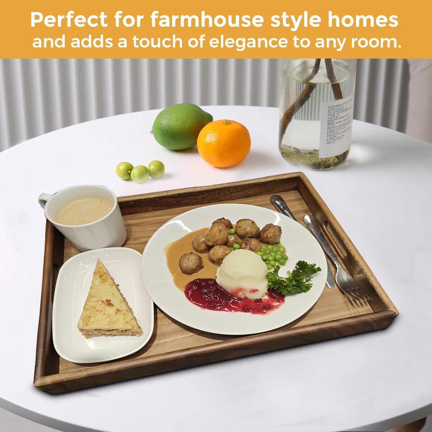 MOOKOMI Walnut Wood Serving Tray with Handles - Stylish Coffee and Food Tray for Home, Ottoman, or Dining Use(15.7 Inches)