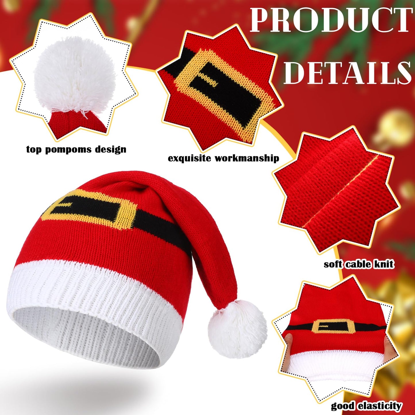 Funtery 3 Pcs Christmas Knitted Santa Hats Elf Hat Crochet Christmas Beanie Xmas Party Caps for Adults Women Men(Mixed Style)