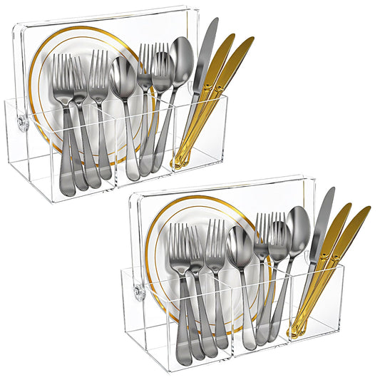 2 Pack Silverware Organizer, Paper Plate Holders, Cutlery and Flatware Caddy for Countertop, Table, Buffet, and Picnic - Acrylic Party Utensil Holder for Knives, Forks, Spoons, Plates, Napkins