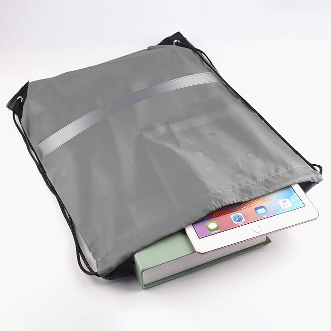 KUUQA 12 Pcs Drawstring Backpack Bag Bulk Reflective Backpack Gray String Bags Cinch Sack Backpack for Team Yoga Sport Gym Traveling