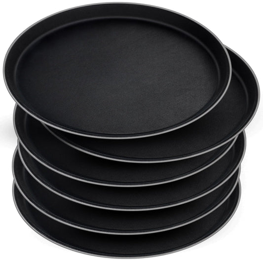 6 Pieces Restaurant Serving Tray, Non Slip Surface Round Tray Plastic Food Meals Server with Raised Edges for Home, Kitchen, Restaurant, Cafeteria, Bar, Hotel (Black, 6 Pcs 11 Inch)
