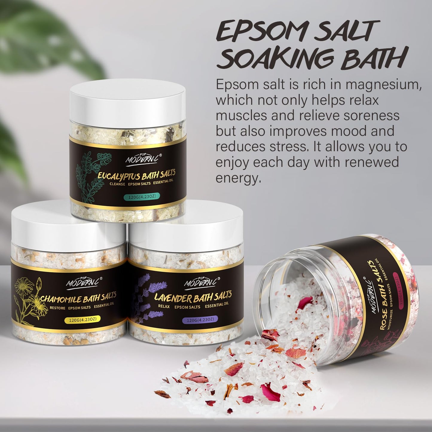 Epsom Bath Salts Gift Set for Soaking 4pcs Bath Salts with Essential Oils for Women Relaxing Lavender Eucalyptus Rose Chamomile Bath Set for Women Luxury Spa Birthday Mother's Day Christmas Gift