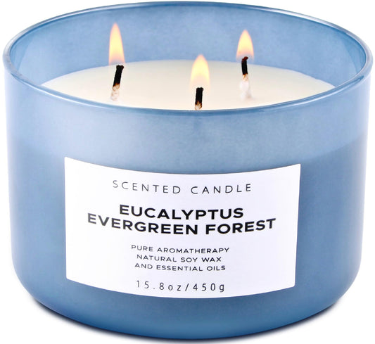 Eucalyptus Evergreen Forest 3 Wick Scented Candle | Luxury Soy Candles for Home | Relaxing Aromatherapy Stress Relief Candle 15.8 oz | Clean Burn Long Lasting Balsam Fir Woods Candles for Men & Women