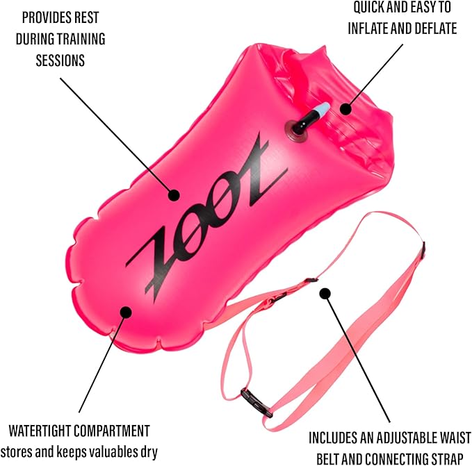 Zoot Ultra Swim Safety Buoy & Dry Bag, High-Visibility Open-Water Safety Floatation Device with Storage for Long-Distance Swimming Training Sessions (15L) - Neon Pink - 15L