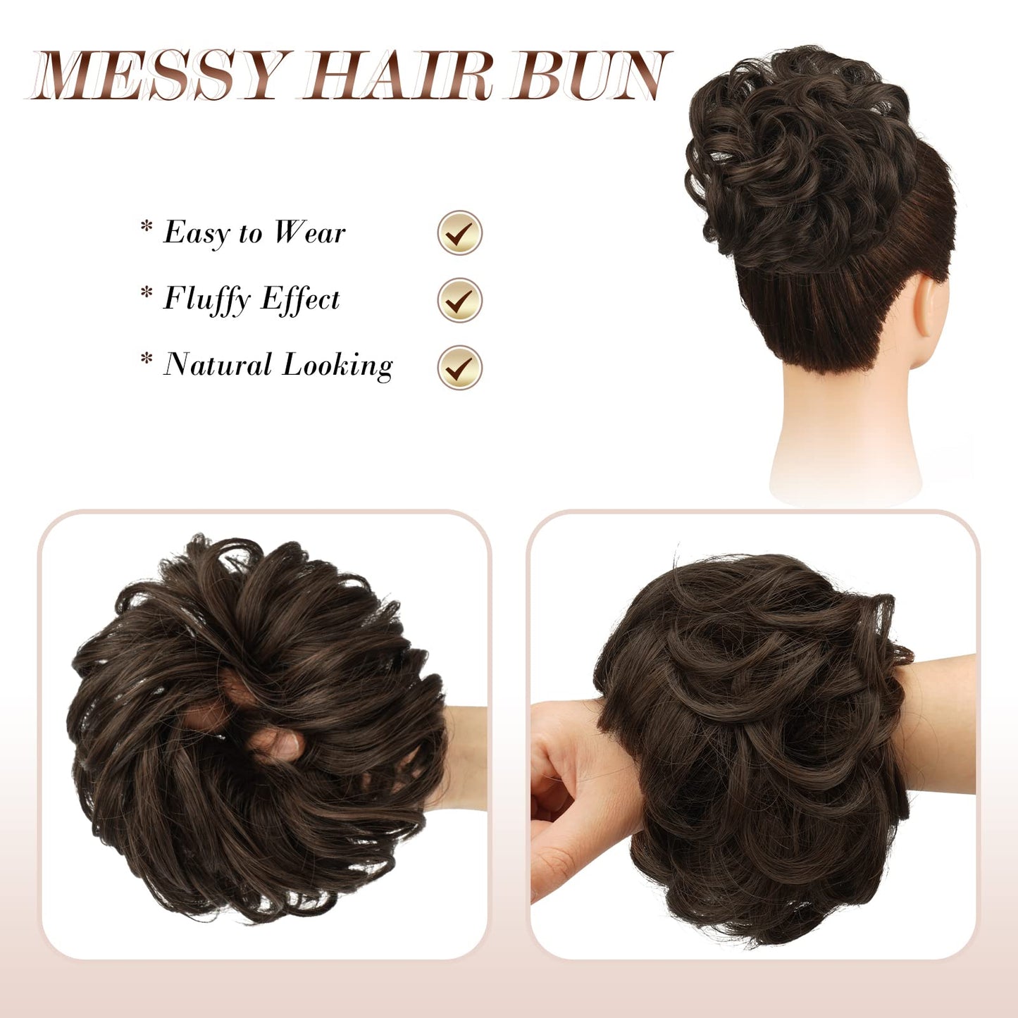 FESHFEN Messy Bun Hair Piece - Elastic Wavy Curly Hair Bun Scrunchies Extensions Synthetic Chignon Hairpieces for Women Girls, Dark Brown & Light Auburn Mixed 1 PCS