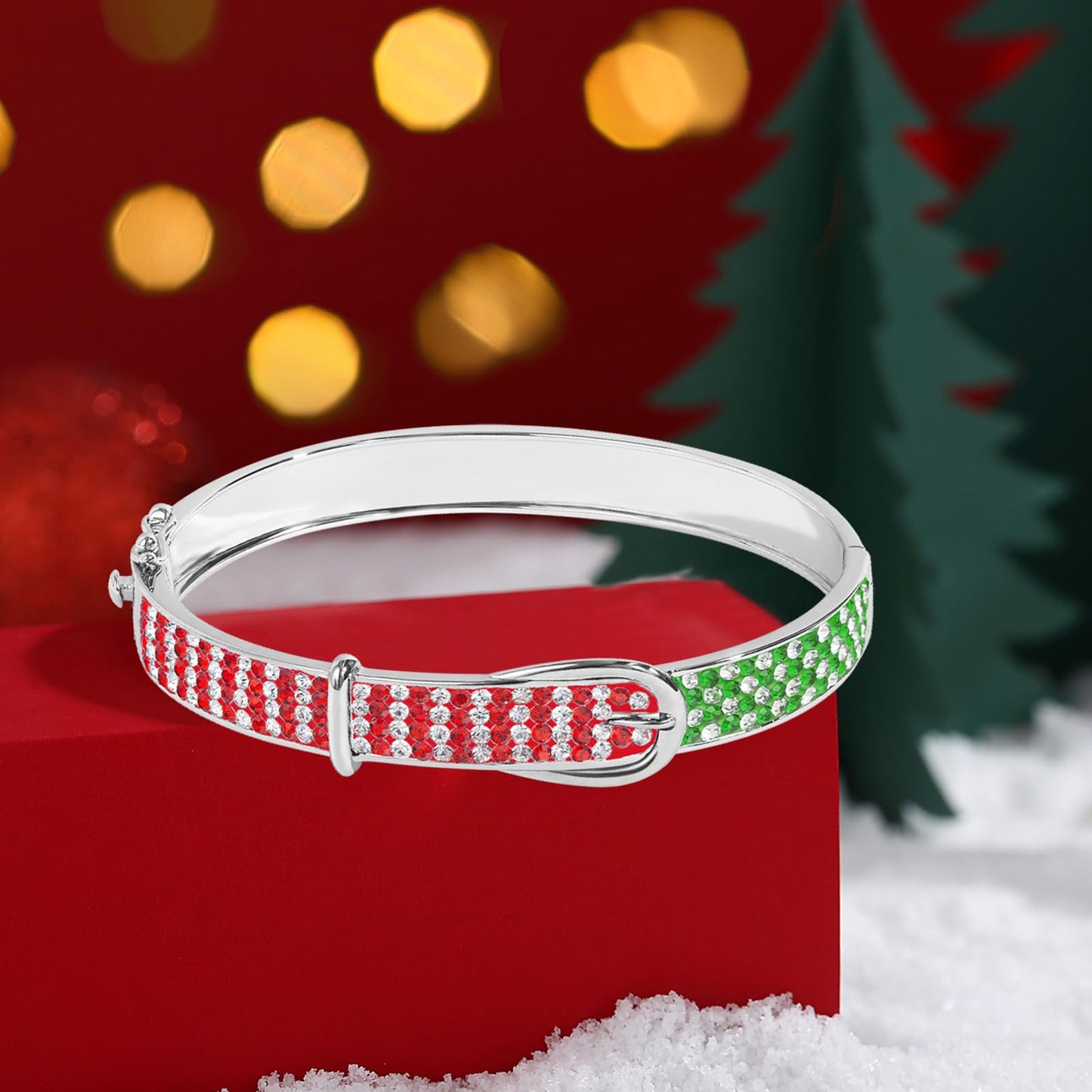 MUYUU Christmas Bangle Bracelet, Silver Plated Red and Green Bracelet, Sparkly Crystal Bracelet For Women Fashion Jewelry