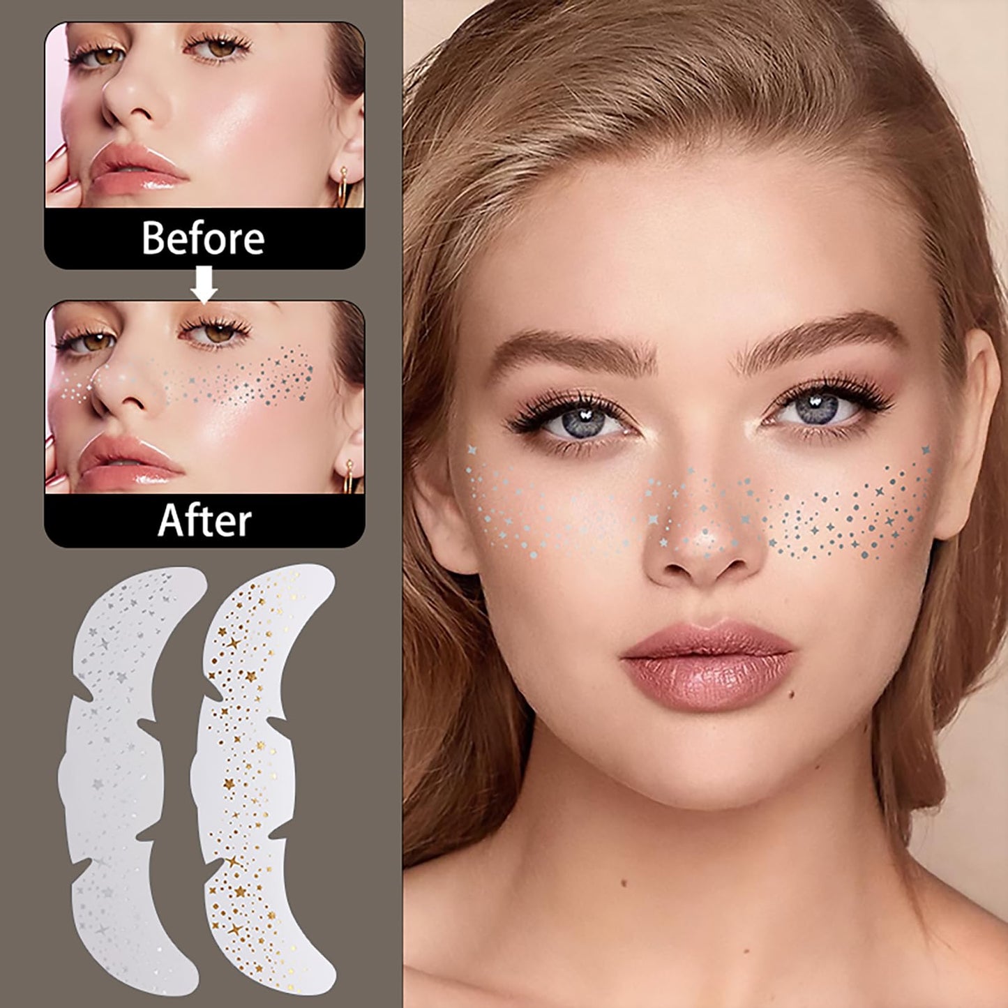 Face Glitter Freckles Tattoo, Sliver Glow Up Makeup Patches, Face Glitter Makeup Speckles Patches, Cute Glitter Makeup Accessories for Women Cosmetic Glitter for Face - 10 Counts (Sliver #02)