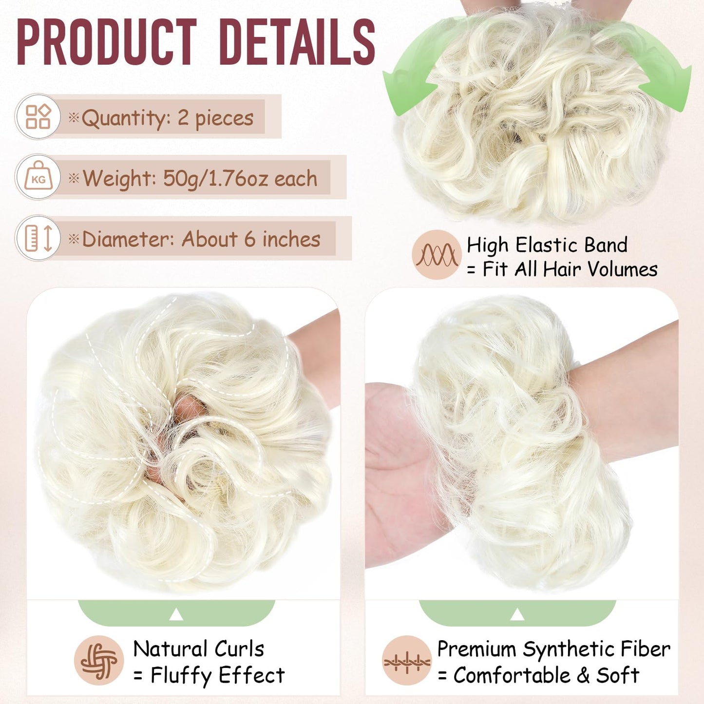 FeidyLong 2 PCS Messy Bun Hair Piece Wavy Curly Scrunchies Synthetic Chignon Ponytail Hair Extensions Thick Updo Hairpieces for Women Girls(Platinum Blonde)