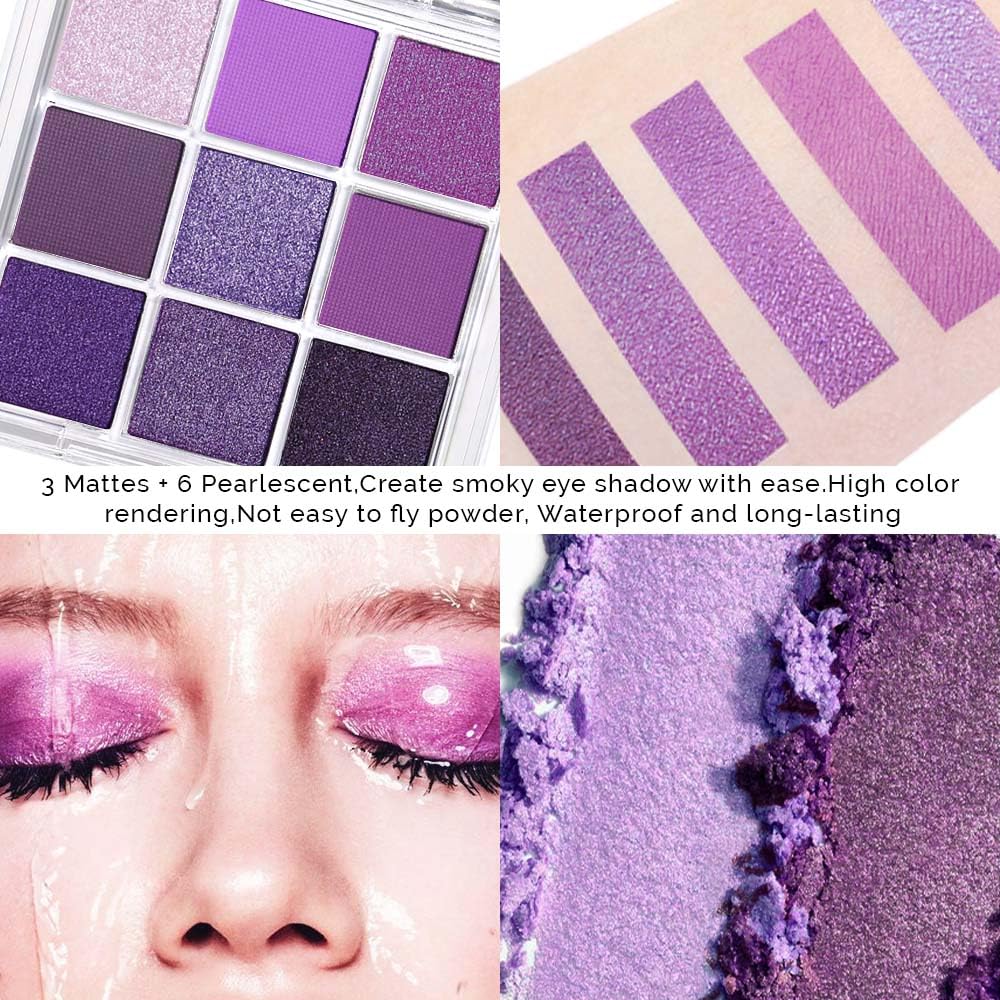 evpct 9 Colors Purple Violet Lavender Glitter Shimmer Sparkly Eyeshadow Mermaid Halloween Makeup Palette for women Highly Pigmented Waterproof Mauve Bright Purple Pink Sparkling Eye Shadow Palette Kit